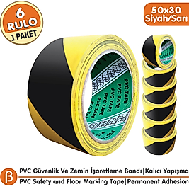Sarı Siyah Zemin İşaretleme (Güvenlik) Bandı 50x30- PVC İkaz Bandı (6 Adet Avantaj Paketi)