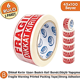 45x100 Dikkat Kırılır Koli Bandı, Hotmelt Paketleme Uyarı Bandı (6 Adet)