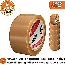 ASTEL 45x100 Taba (Kahverengi) Koli Bandı Hotmelt Güçlü Yapışkan (6 Adet)