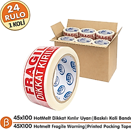 45x100 Dikkat Kırılır Koli Bandı, Hotmelt Paketleme Uyarı Bandı | 1 Koli-24 Adet