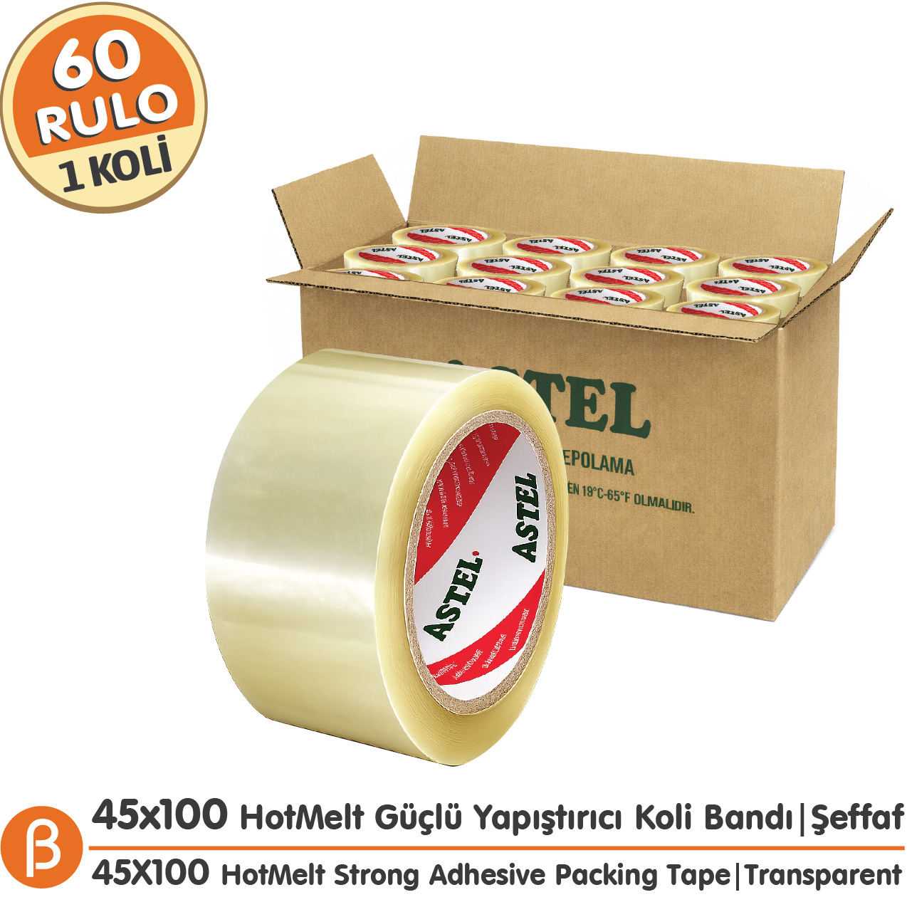Astel Şeffaf Hotmelt Koli Bandı 45 mm × 100 m – 60 Adet / Koli