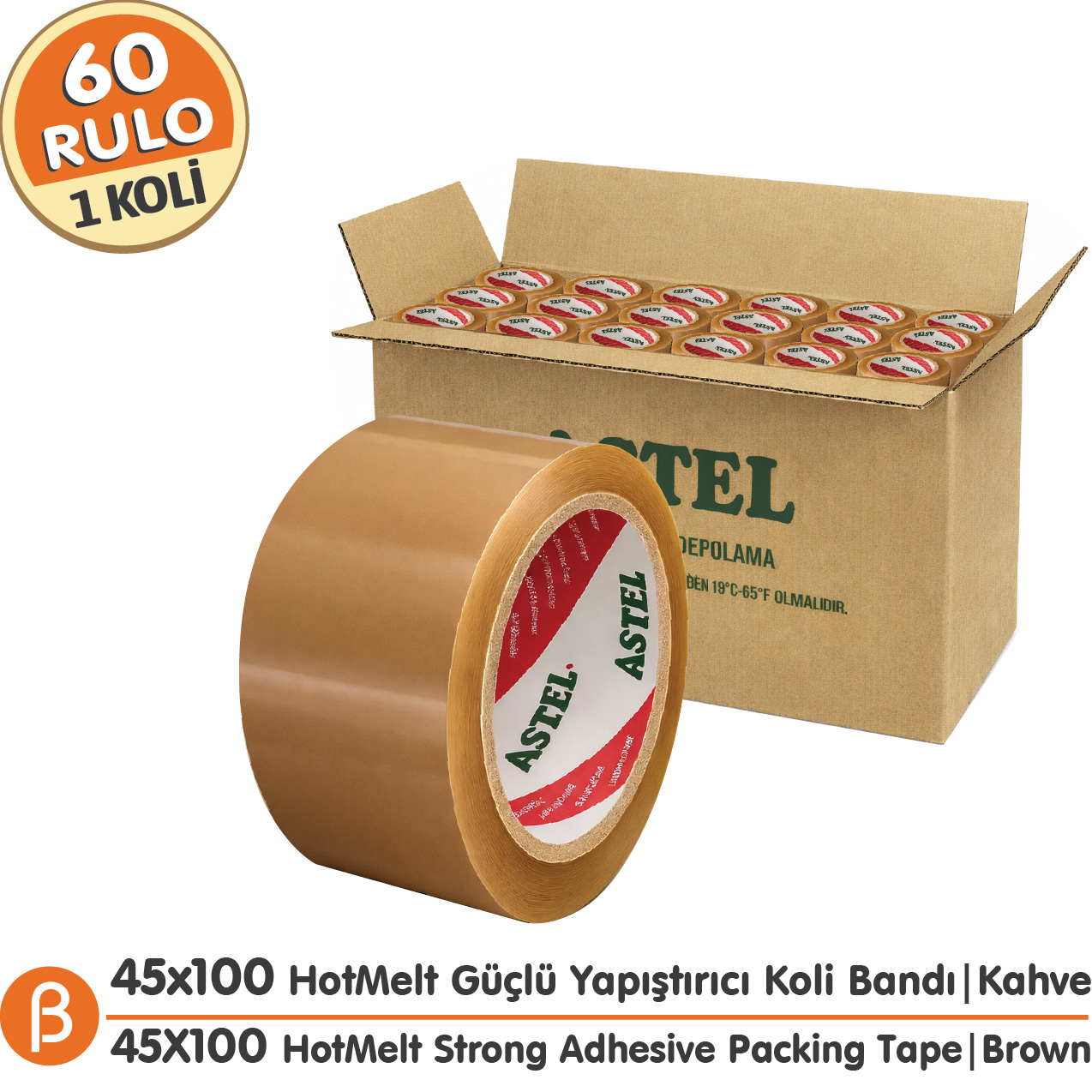 Astel Taba (Kahverengi) Hotmelt Koli Bandı 45 mm × 100 m – 60 Adet / Koli