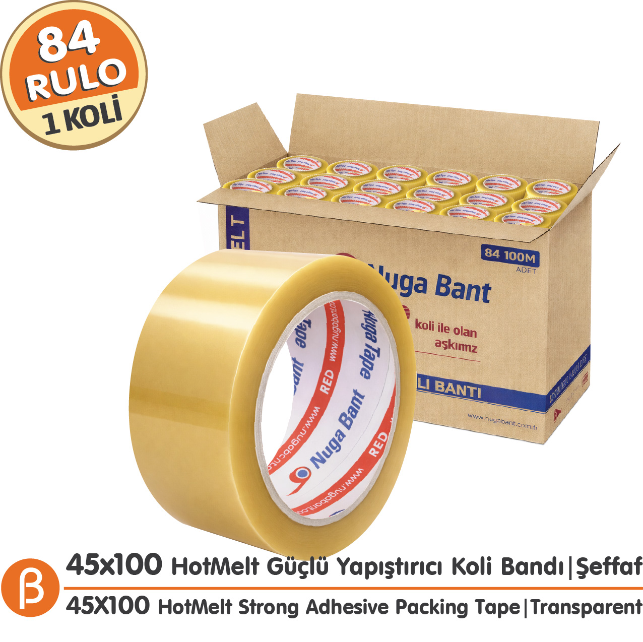 Nuga 1 KOLİ (84 ADET) 45x100 Şeffaf HotMelt Koli Bandı