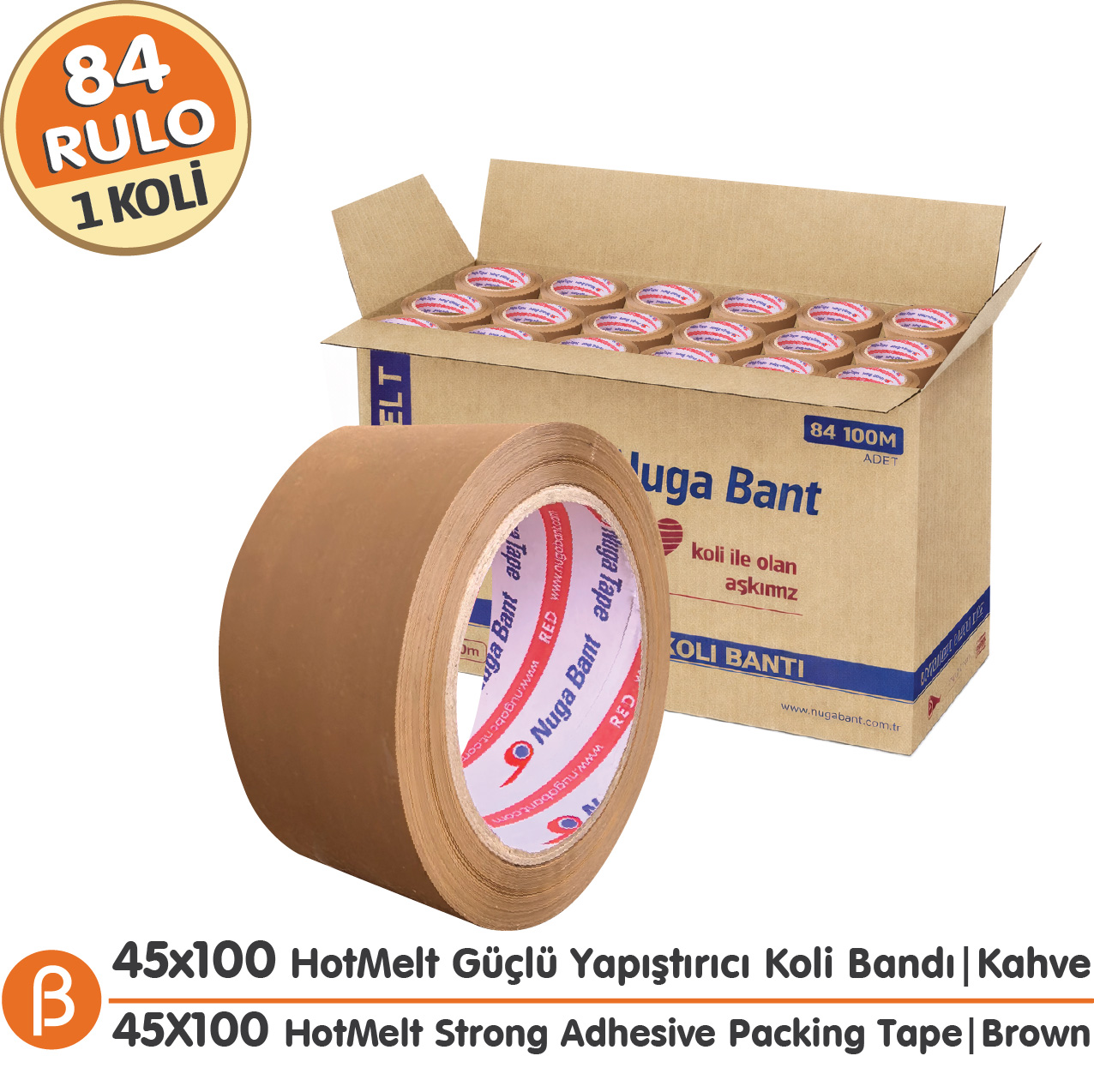 Nuga Taba (Kahverengi) Hotmelt Koli Bandı 45 mm × 100 m – 84 Adet / Koli
