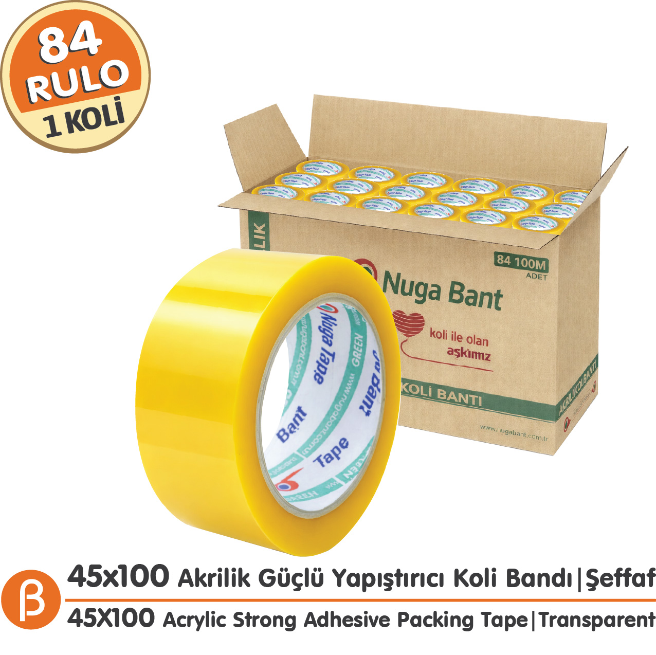Nuga Şeffaf Akrilik Koli Bandı 45 mm × 100 m – 84 Adet / Koli