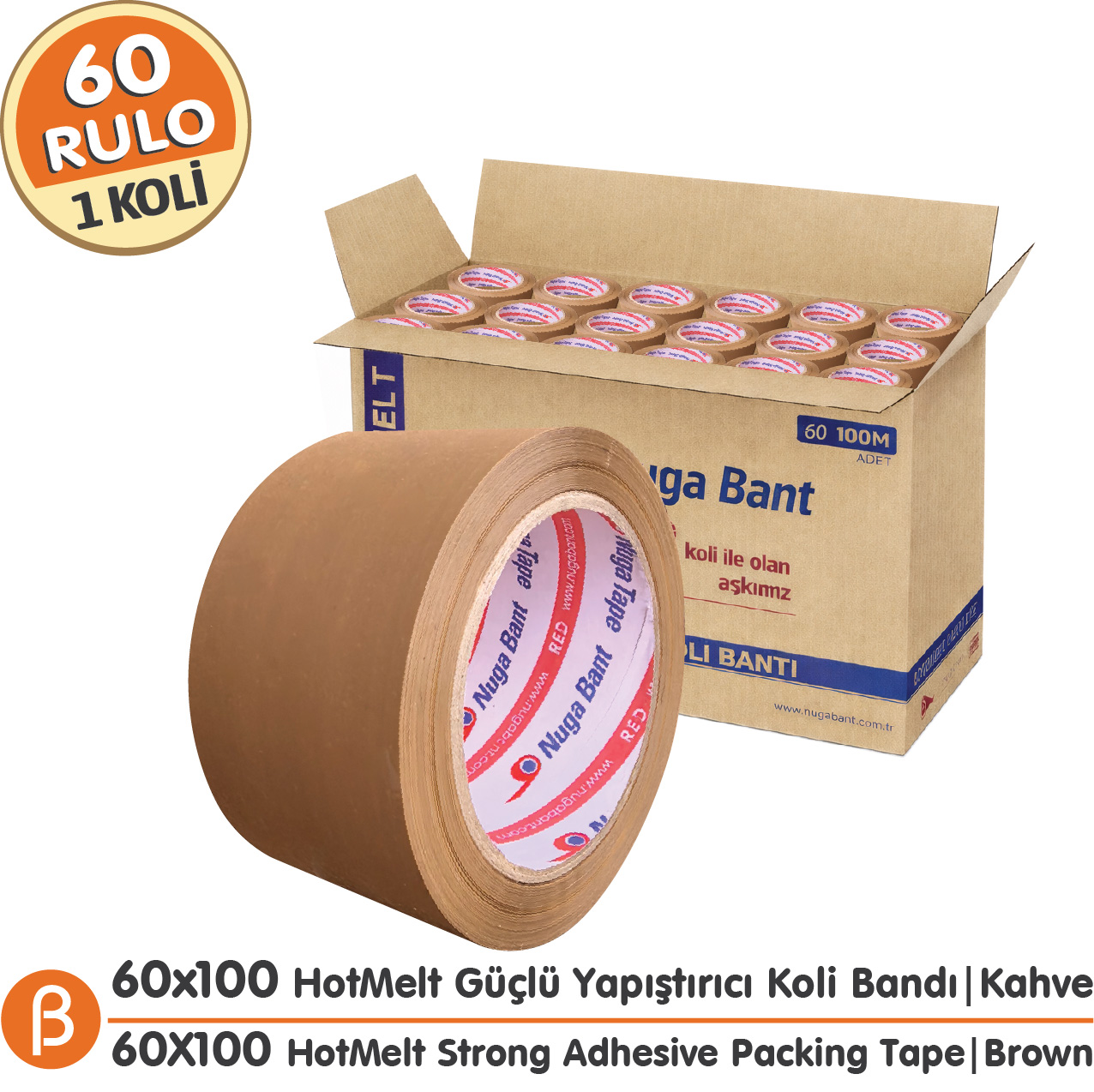 Nuga Taba (Kahverengi) Hotmelt Koli Bandı 60 mm × 100 m – 60 Adet / Koli