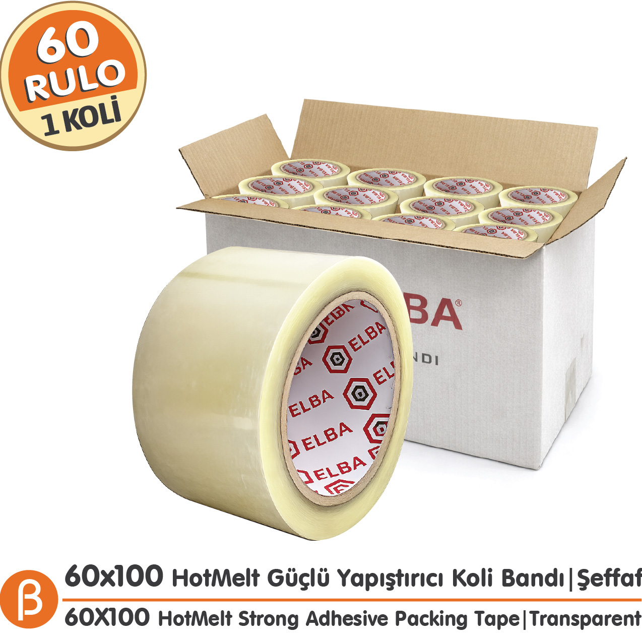 Elba Şeffaf Hotmelt Koli Bandı 60 mm × 100 m – 60 Adet / Koli