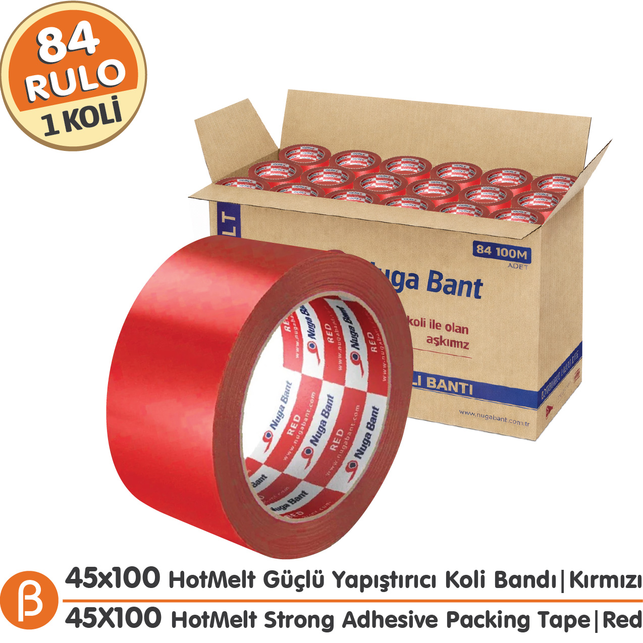 Nuga Kırmızı Hotmelt Koli Bandı 45 mm × 100 m – 84 Adet / Koli
