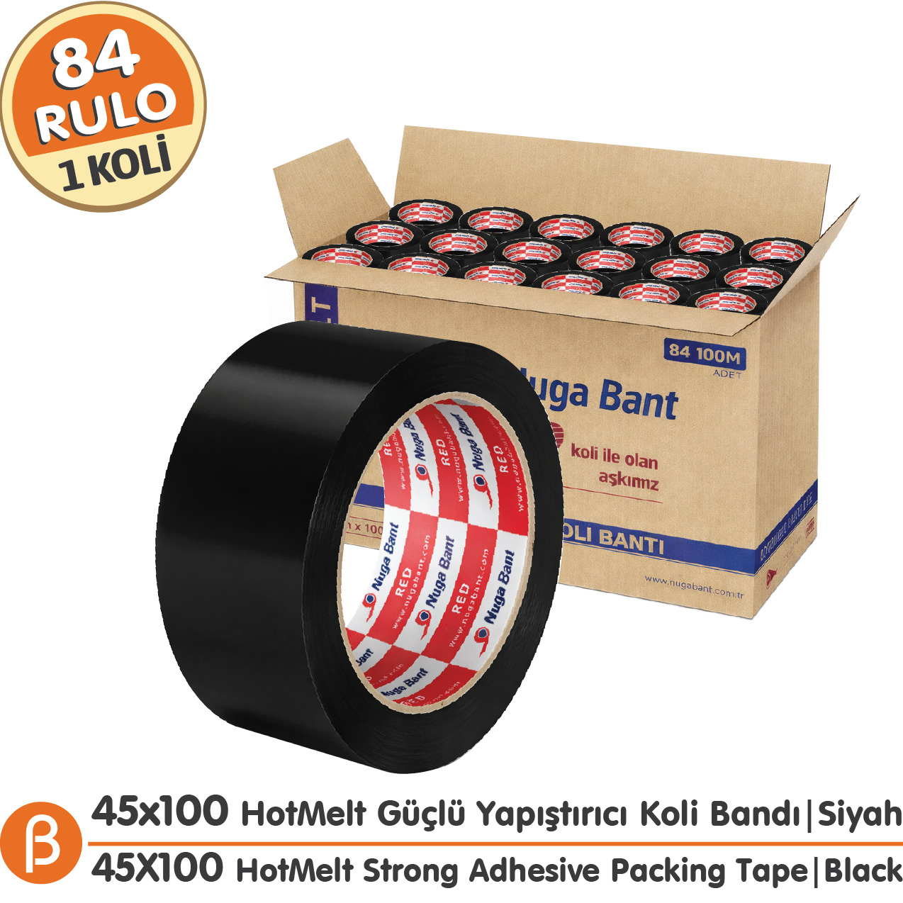 Nuga Siyah Hotmelt Koli Bandı 45 mm × 100 m – 84 Adet / Koli