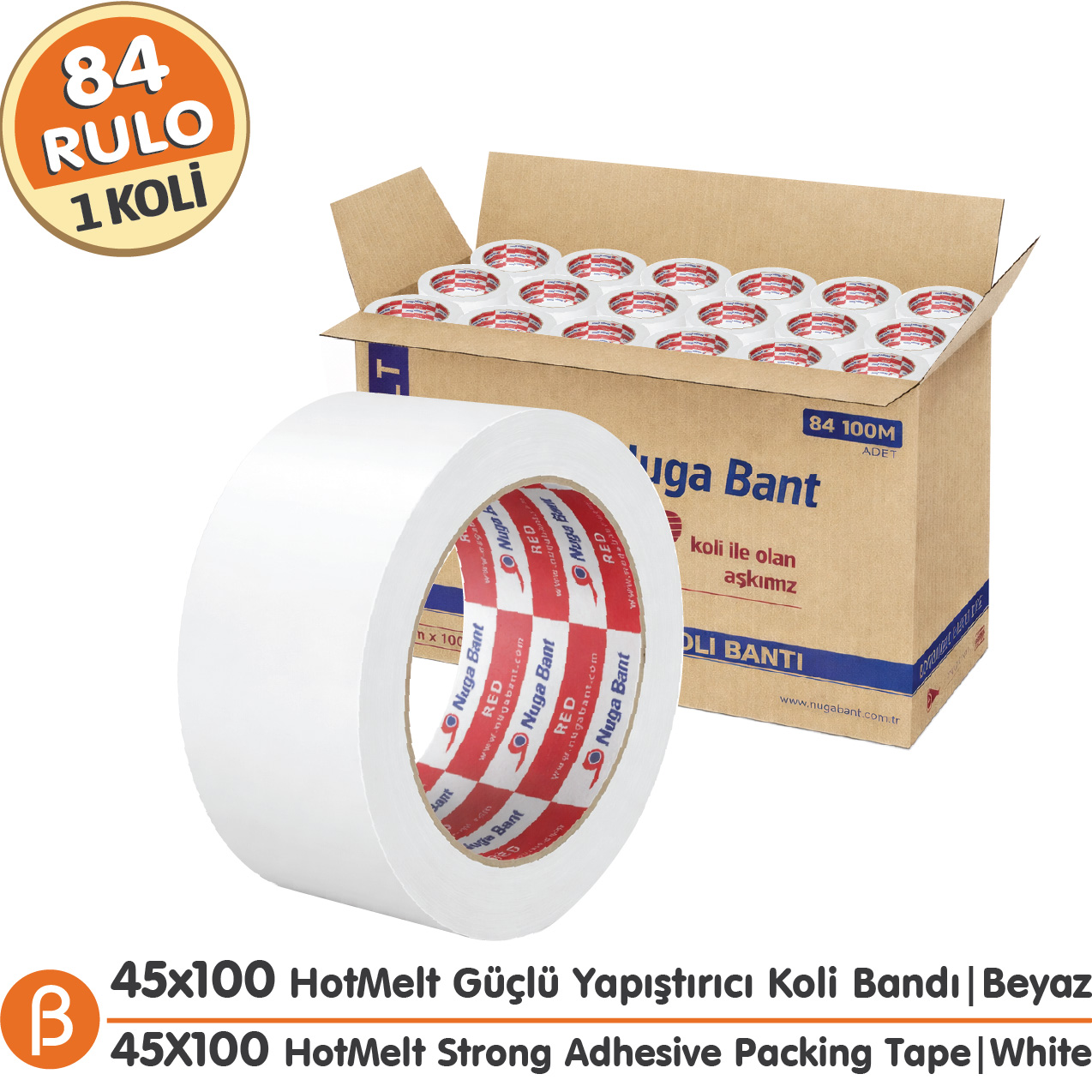 Nuga Beyaz Hotmelt Koli Bandı 45 mm × 100 m – 84 Adet / Koli