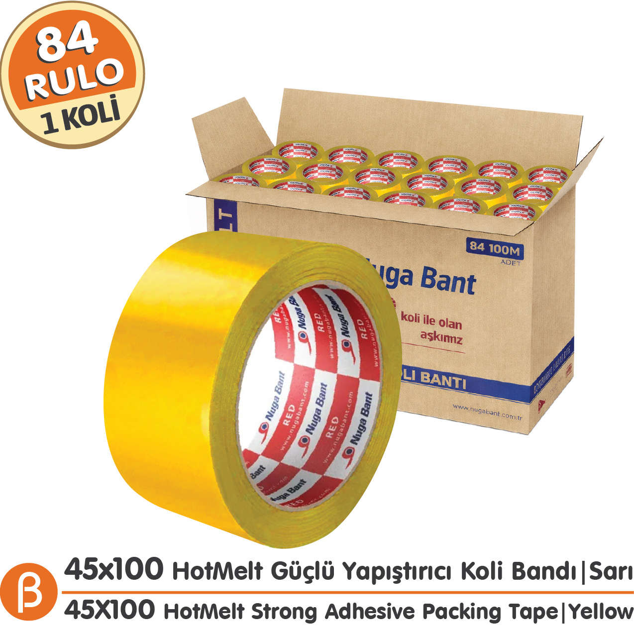 Nuga Sarı Hotmelt Koli Bandı 45 mm × 100 m – 84 Adet / Koli