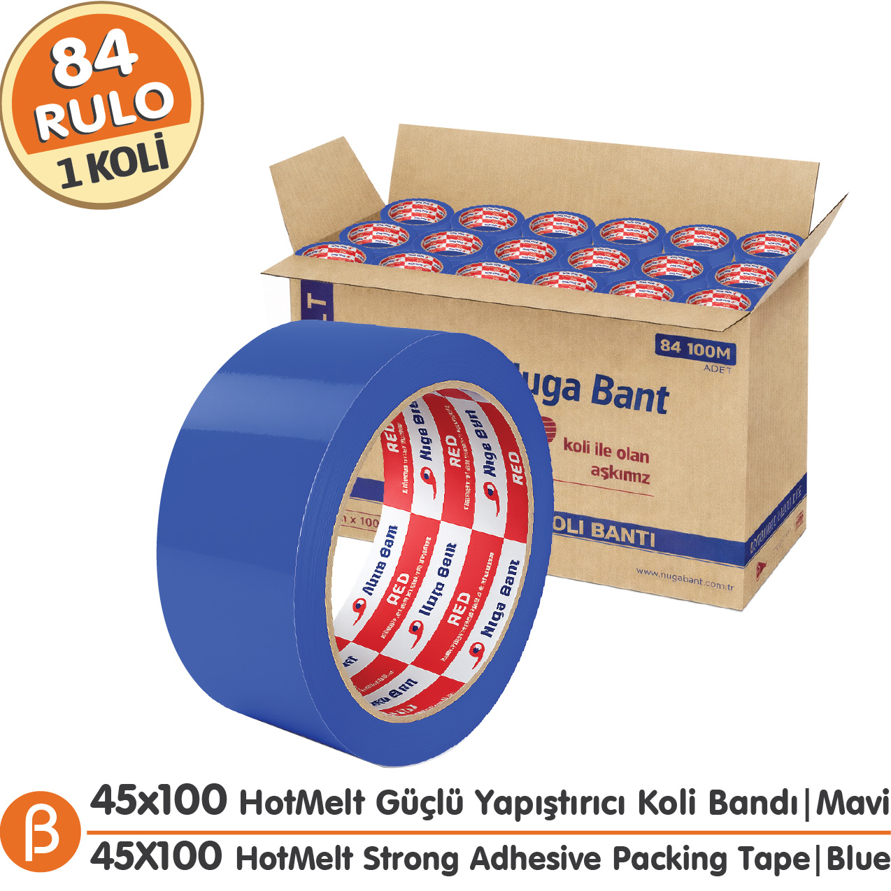 Nuga Mavi Hotmelt Koli Bandı 45 mm × 100 m – 84 Adet / Koli