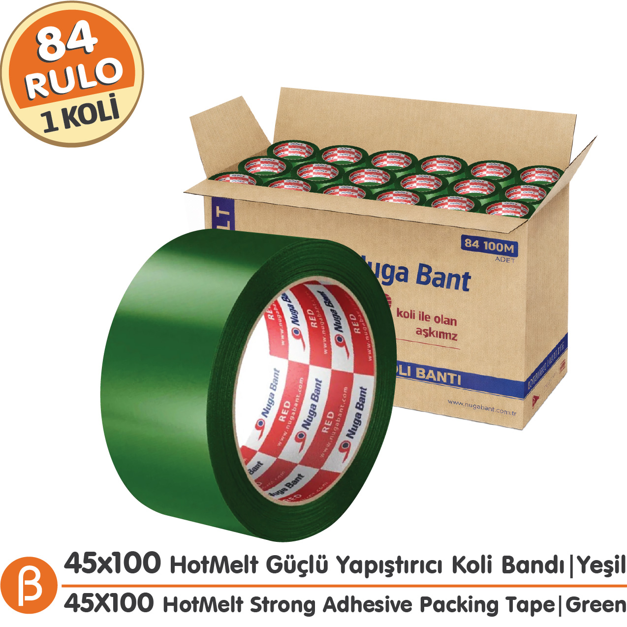 Nuga Yeşil Hotmelt Koli Bandı 45 mm × 100 m – 84 Adet / Koli