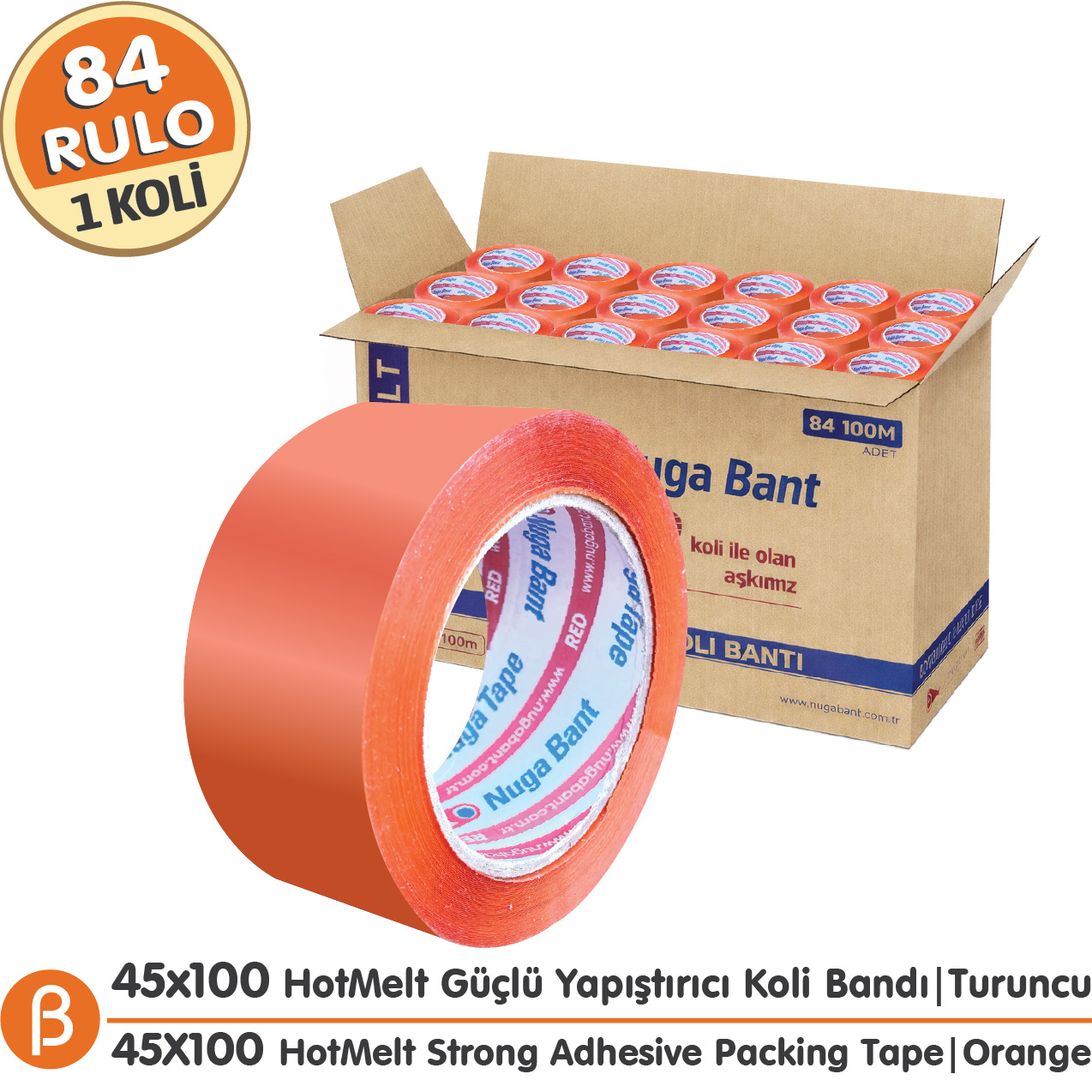 Nuga Turuncu Hotmelt Koli Bandı 45 mm × 100 m – 84 Adet / Koli