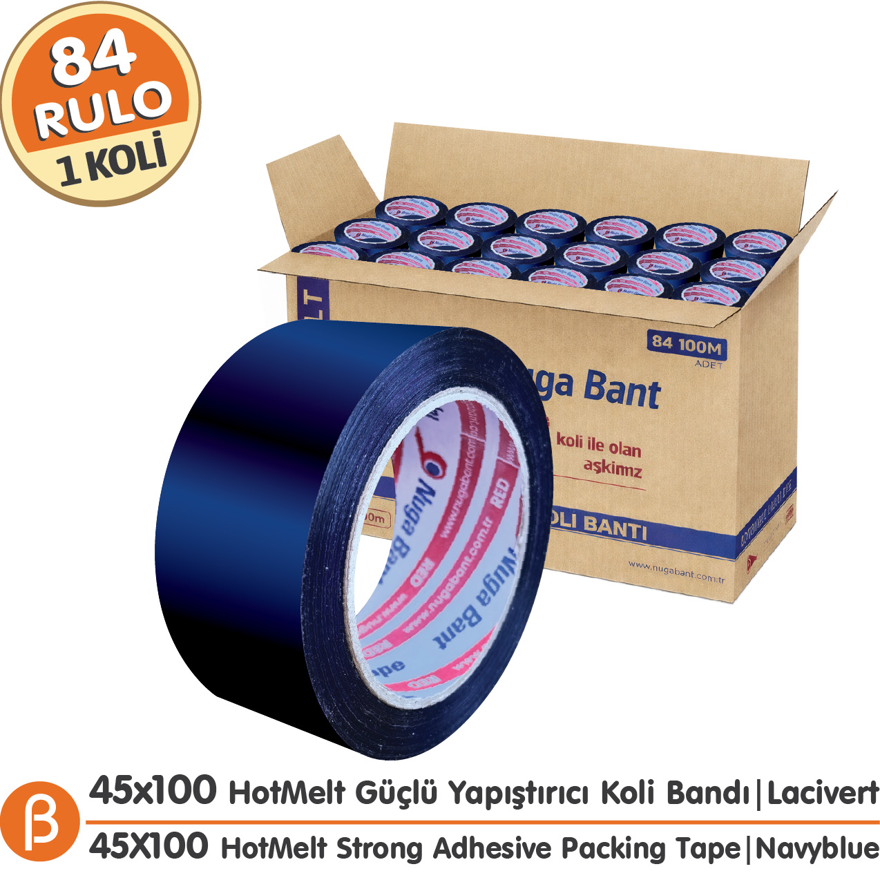 Nuga Lacivert Hotmelt Koli Bandı 45 mm × 100 m – 84 Adet / Koli