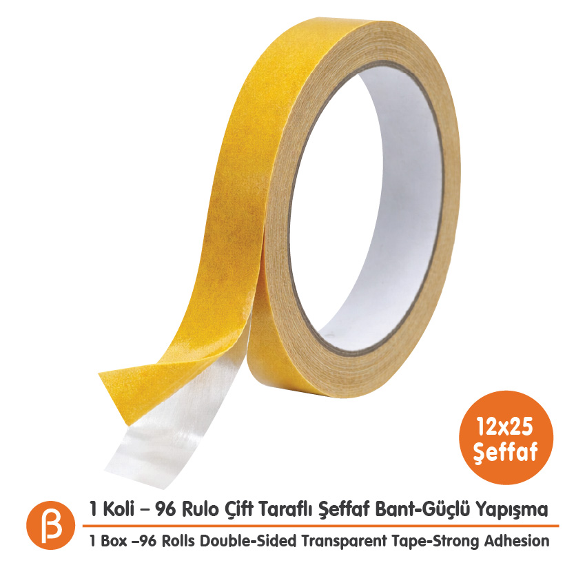 BantPazar Çift Taraflı Şeffaf Bant 12 mm × 25 m – 96 Adet / Koli