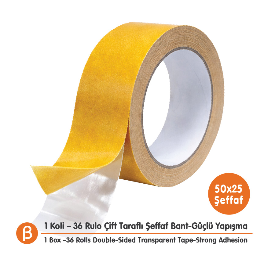 BantPazar Çift Taraflı Şeffaf Bant 50 mm × 25 m – 36 Adet / Koli
