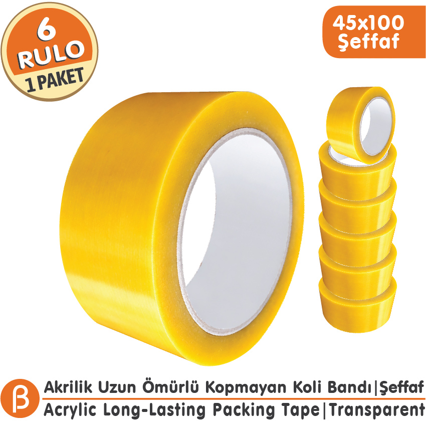 BANTPAZAR 45x100 Şeffaf Koli Bandı Akrilik Güçlü Yapışkan (6 Adet) - Ekonomik