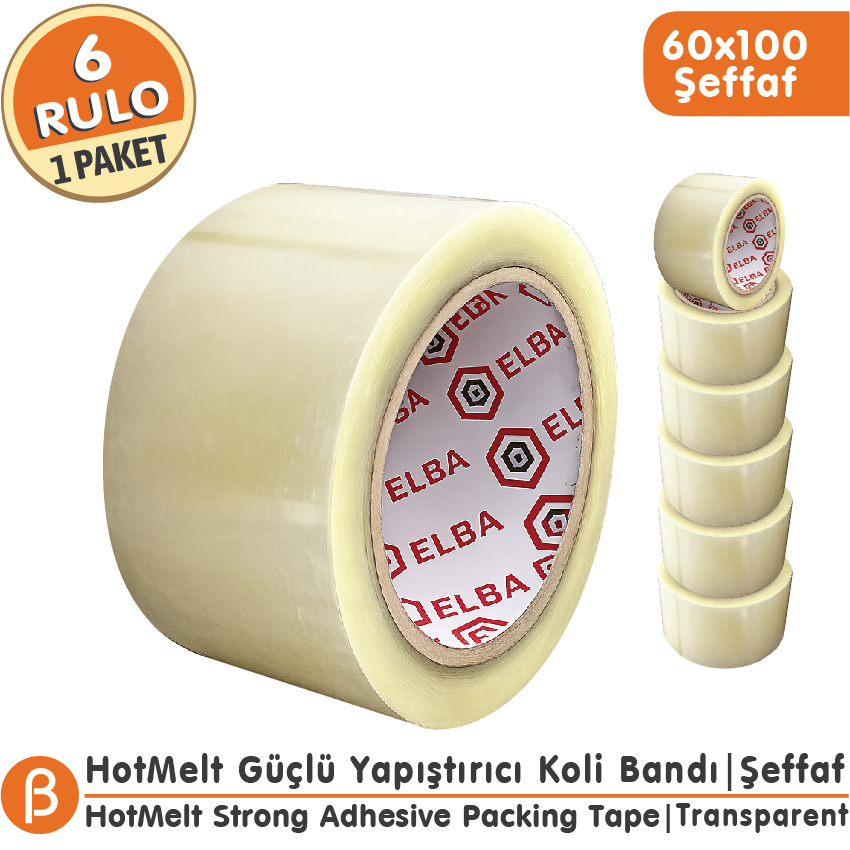 Elba Şeffaf Hotmelt Koli Bandı 60 mm × 100 m – 6 Adet