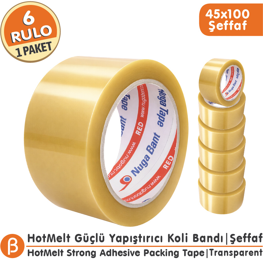 NUGA 45x100 Şeffaf Koli Bandı Hotmelt Güçlü Yapışkan (6 Adet)