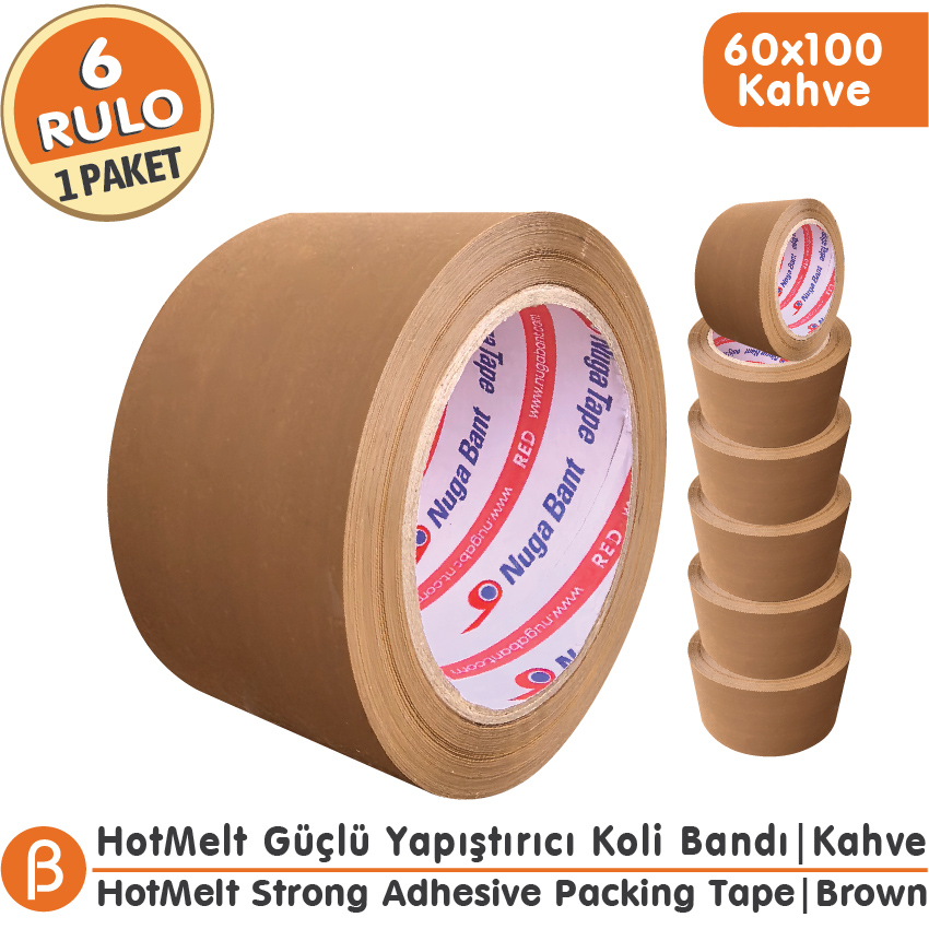 NUGA 60x100 Taba (Kahverengi) Renkli Koli Bandı Hotmelt Güçlü Yapışkan (6 Adet)