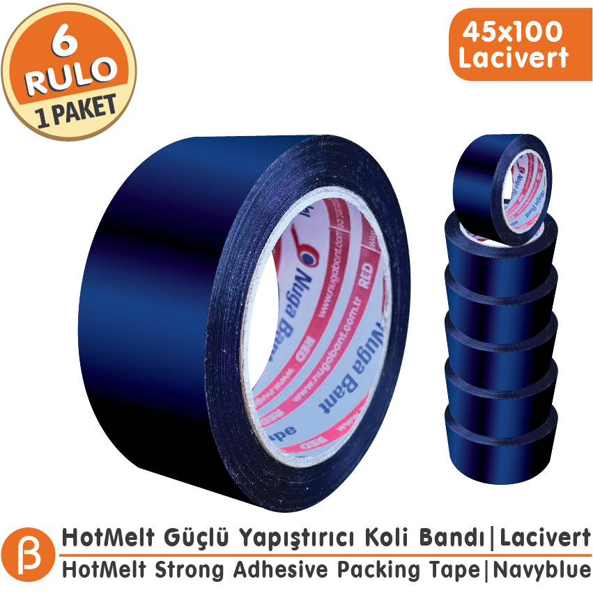 NUGA 45x100 Lacivert Renkli Koli Bandı Hotmelt Güçlü Yapışkan (6 Adet)