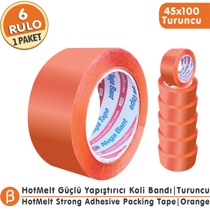 Nuga Turuncu Hotmelt Koli Bandı 45 mm × 100 m – 6 Adet