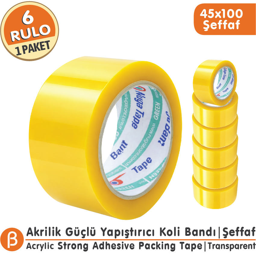 NUGA 45x100 Şeffaf Koli Bandı Akrilik Güçlü Yapışkan (6 Adet)