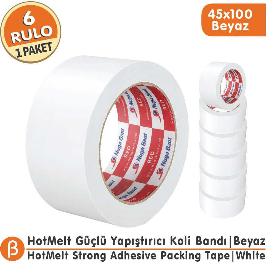 NUGA 45x100 Beyaz Renkli Koli Bandı Hotmelt Güçlü Yapışkan (6 Adet)