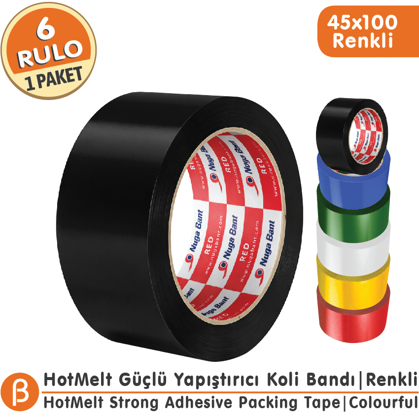 NUGA 45x100 Karışık Renkli Koli Bandı Hotmelt Güçlü Yapışkan (6 Adet)