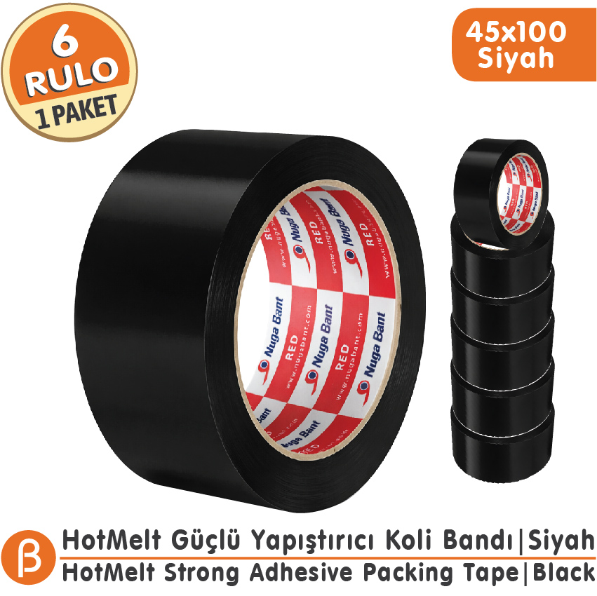 NUGA 45x100 Siyah Renkli Koli Bandı Hotmelt Güçlü Yapışkan (6 Adet)