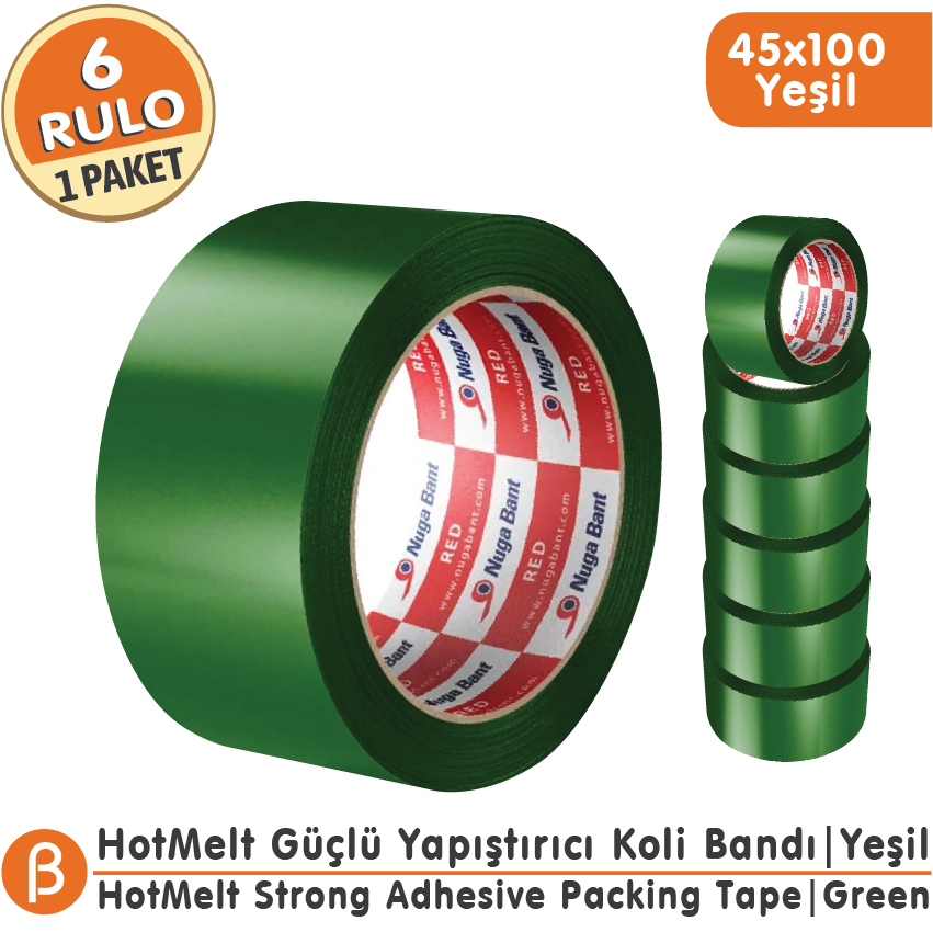 Nuga Yeşil Hotmelt Koli Bandı 45 mm × 100 m – 6 Adet