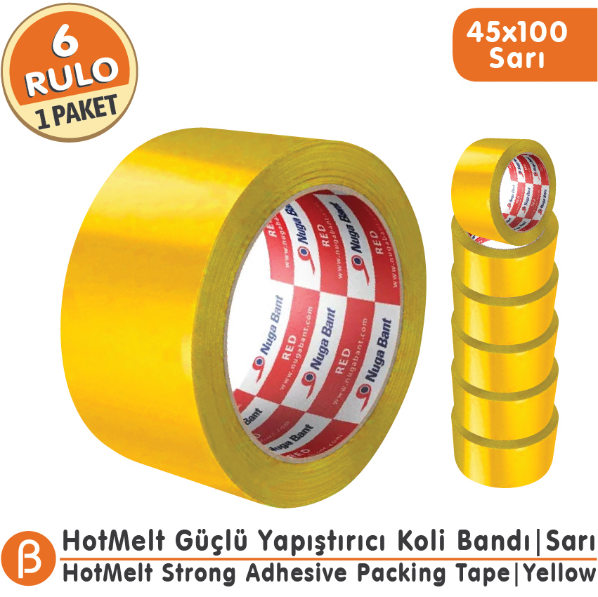 NUGA 45x100 Sarı Renkli Koli Bandı Hotmelt Güçlü Yapışkan (6 Adet)