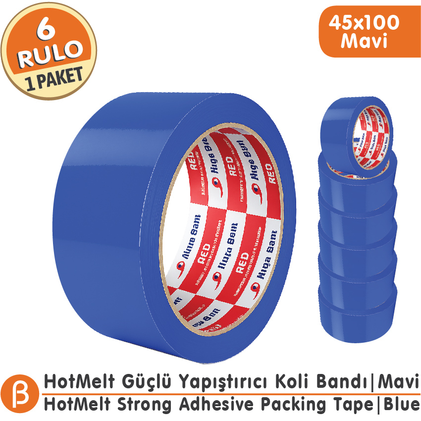 NUGA 45x100 Mavi Renkli Koli Bandı Hotmelt Güçlü Yapışkan (6 Adet)