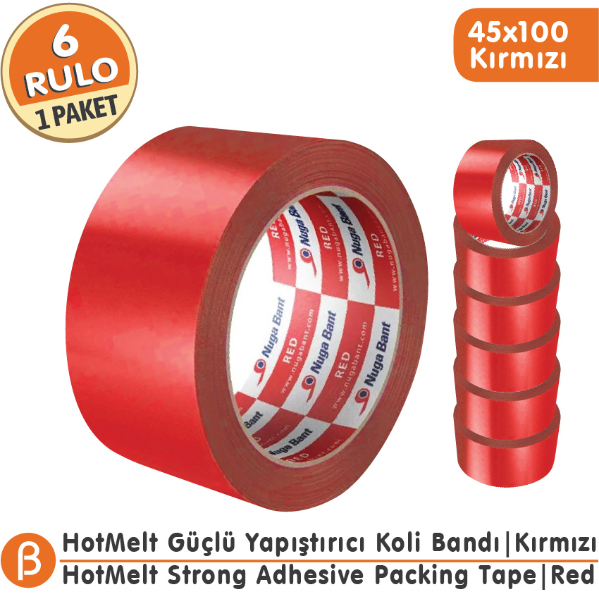 NUGA 45x100 Kırmızı Renkli Koli Bandı Hotmelt Güçlü Yapışkan (6 Adet)