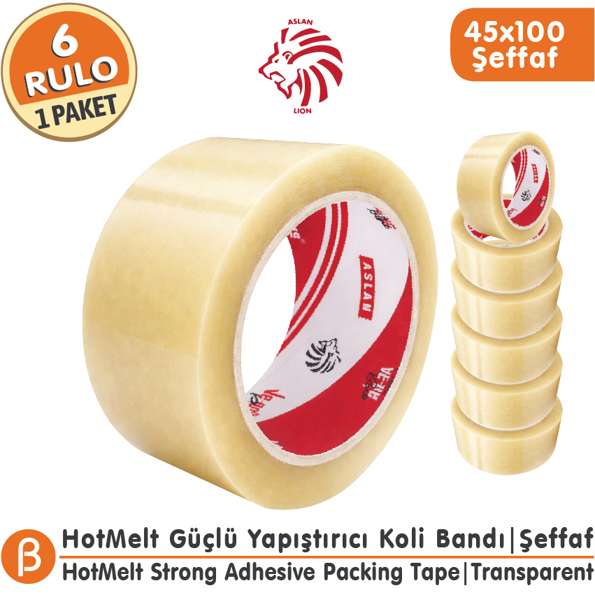 Ve-Ge ASLAN 45x100 Şeffaf Koli Bandı (6 Adet) Toptan HotMelt Güçlü Yapışkan