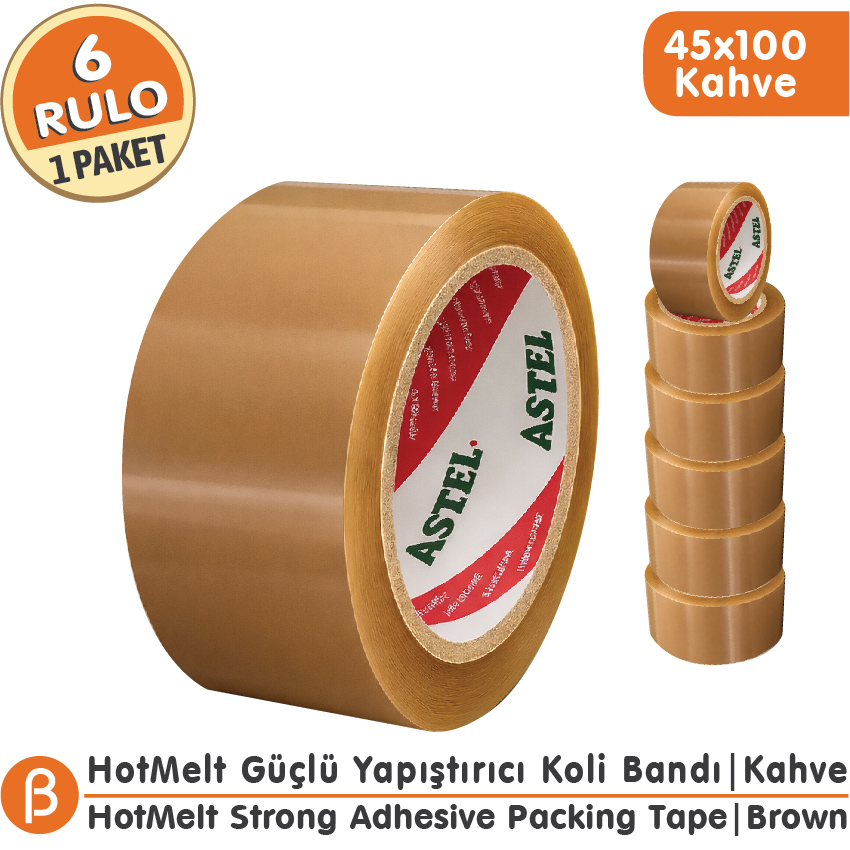 ASTEL 45x100 Taba (Kahverengi) Koli Bandı Hotmelt Güçlü Yapışkan (6 Adet)