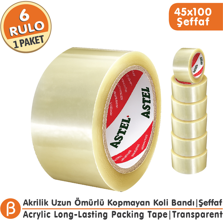 Astel Şeffaf Hotmelt Koli Bandı 45 mm × 100 m – 6 Adet