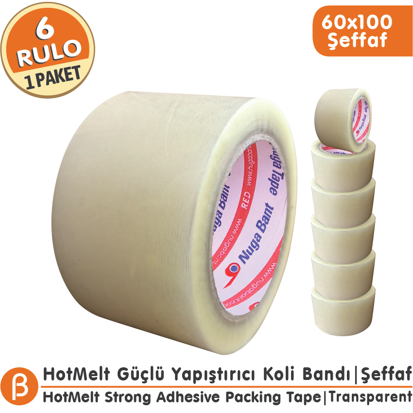 NUGA 60x100 Şeffaf Koli Bandı Hotmelt Güçlü Yapışkan (6 Adet)
