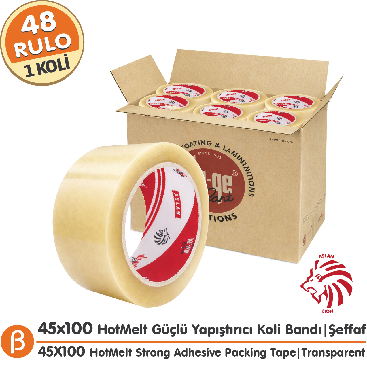 Ve-Ge ASLAN 45x100 Şeffaf Koli Bandı (1 Koli –48 Adet) Toptan HotMelt Güçlü Yapışkan