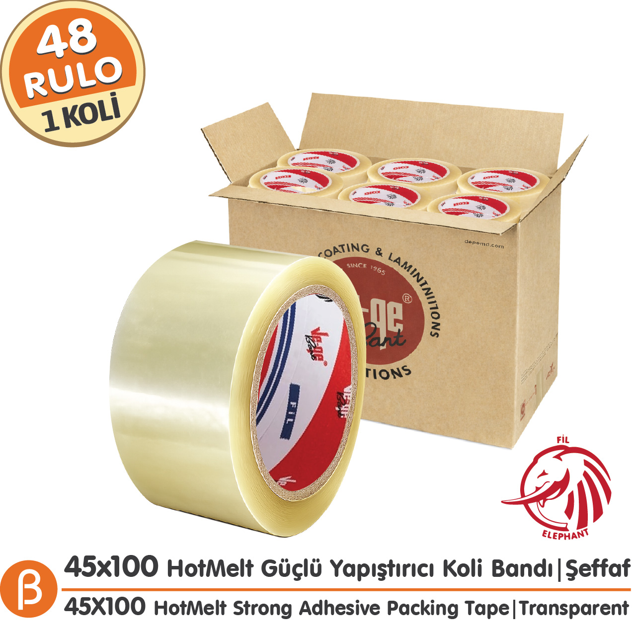 Ve-Ge FİL 45x100 Şeffaf Koli Bandı (1 Koli –48 Adet) Toptan HotMelt Güçlü Yapışkan
