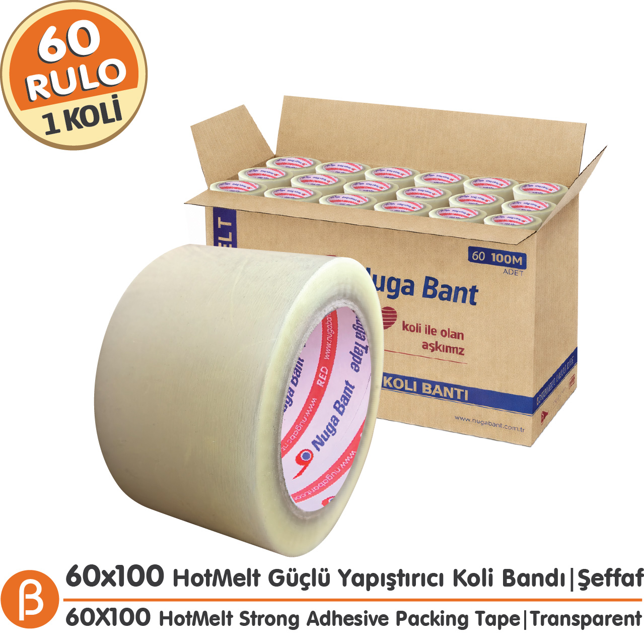 Nuga Şeffaf Hotmelt Koli Bandı 60 mm × 100 m – 60 Adet / Koli