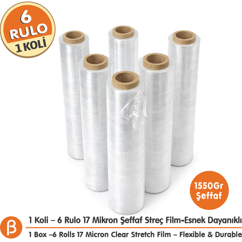 Şeffaf Palet Streci 1550 gr 17 Mikron - Dayanıklı Ambalaj Streç Film (1 Koli - 6 Adet)