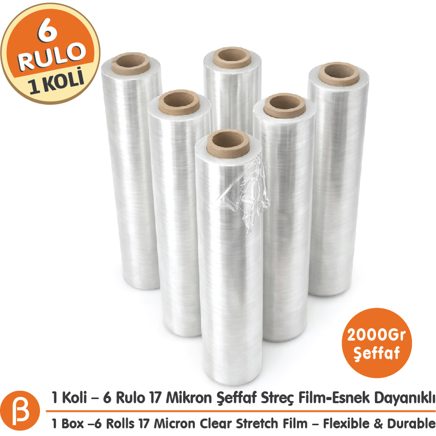 Şeffaf Palet Streç Film 17 Mikron – 2000 g / Rulo – 6 Adet / Koli