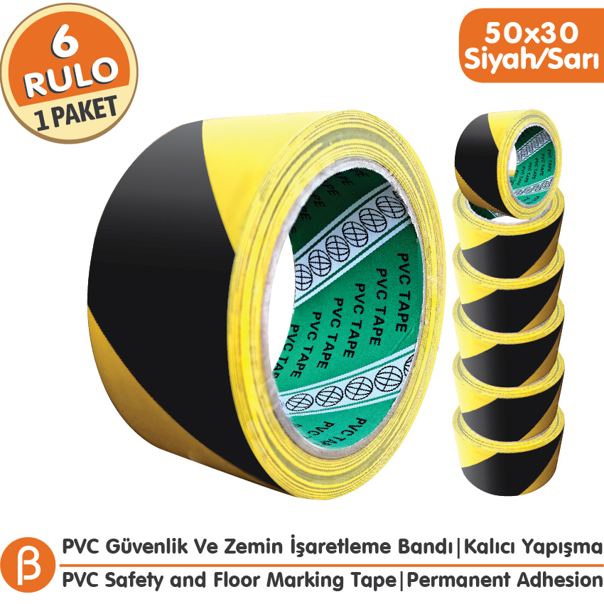 Sarı-Siyah PVC Zemin İşaretleme Bandı 50 mm × 30 m – 6 Adet