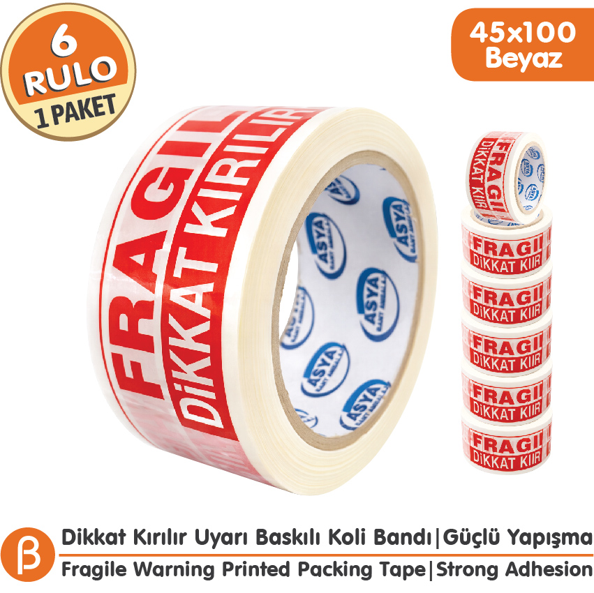 45x100 Dikkat Kırılır Koli Bandı, Hotmelt Paketleme Uyarı Bandı (6 Adet)