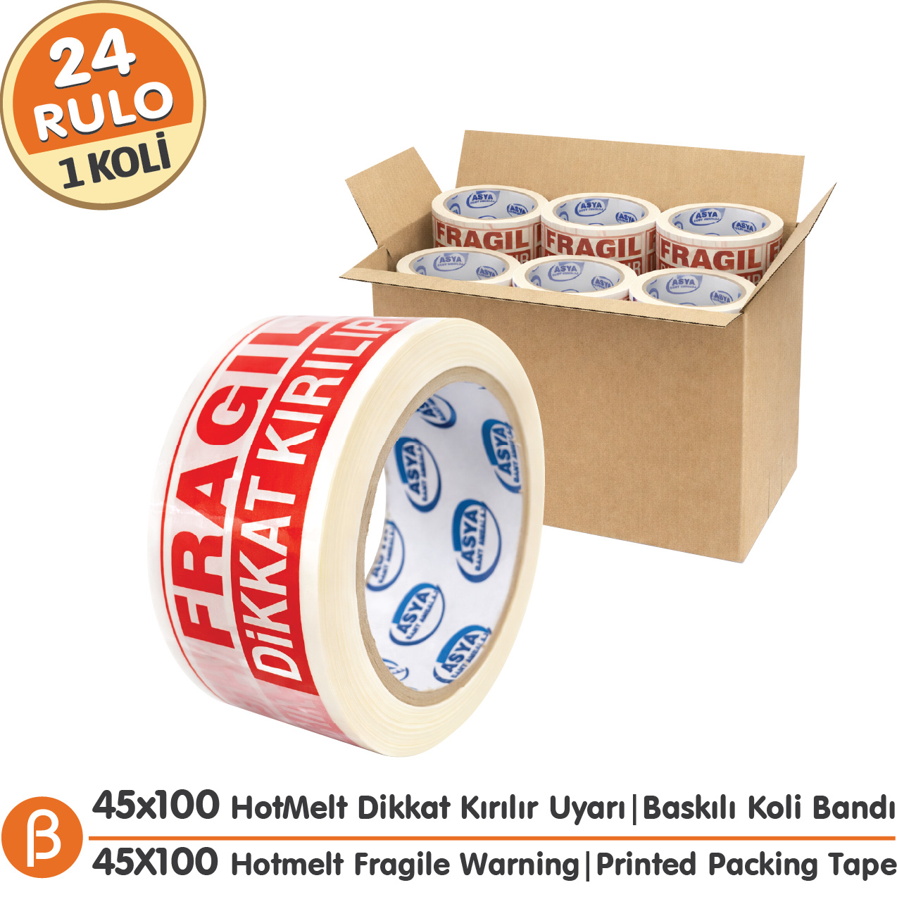 45x100 Dikkat Kırılır Koli Bandı, Hotmelt Paketleme Uyarı Bandı | 1 Koli-24 Adet