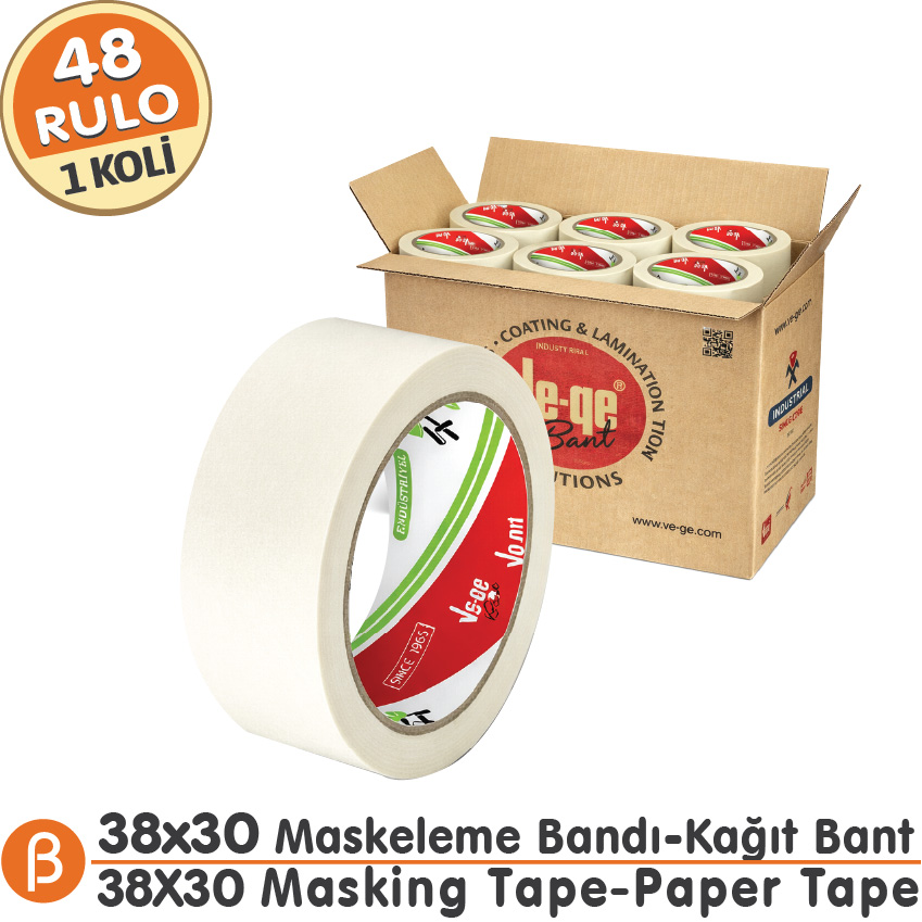 Ve-Ge 38x30 Maskeleme Bandı (1 Koli – 48 Adet) Toptan Maskeleme (Boya Koruma - Badana) Bandı-Beyaz
