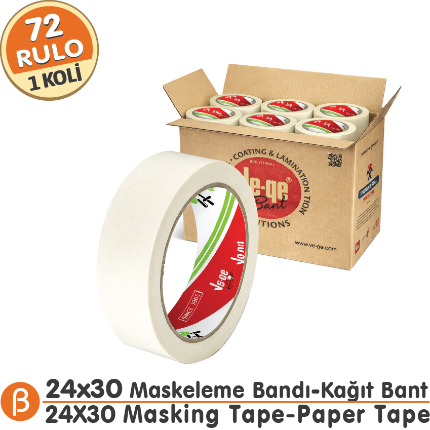 Ve-Ge 24x30 Maskeleme Bandı (1 Koli – 72 Adet) Toptan Maskeleme (Boya Koruma - Badana) Bandı-Beyaz