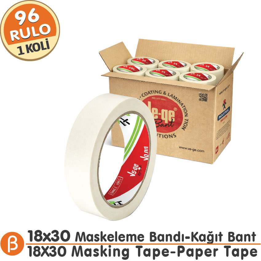 Ve-Ge 18x30 Maskeleme Bandı (1 Koli – 96 Adet) Toptan Maskeleme (Boya Koruma - Badana) Bandı-Beyaz